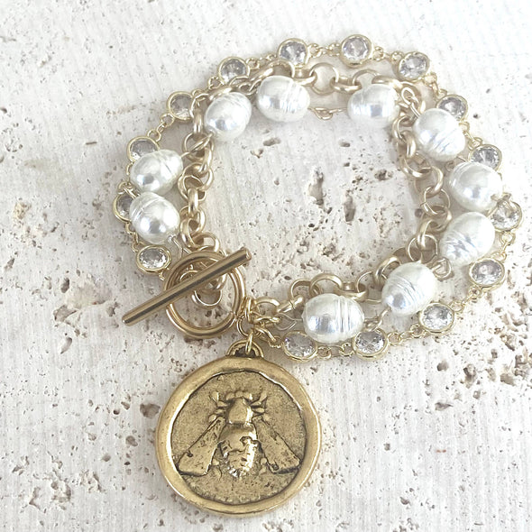 Bee coin jewelry triple layered bracelet boutique