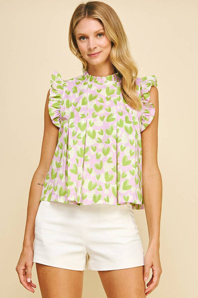 HEART PRINT RUFFLED SLEEVE TOP - 5944T