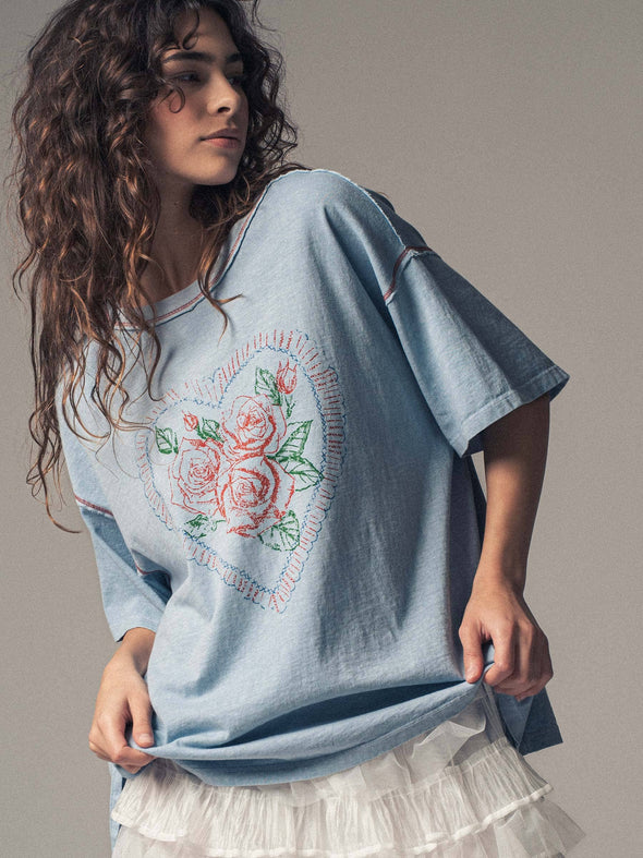 Vintage Rose Heart Floral Oversized Graphic Tee