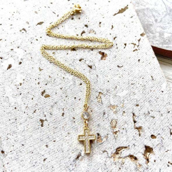 Gold cross crystal necklace