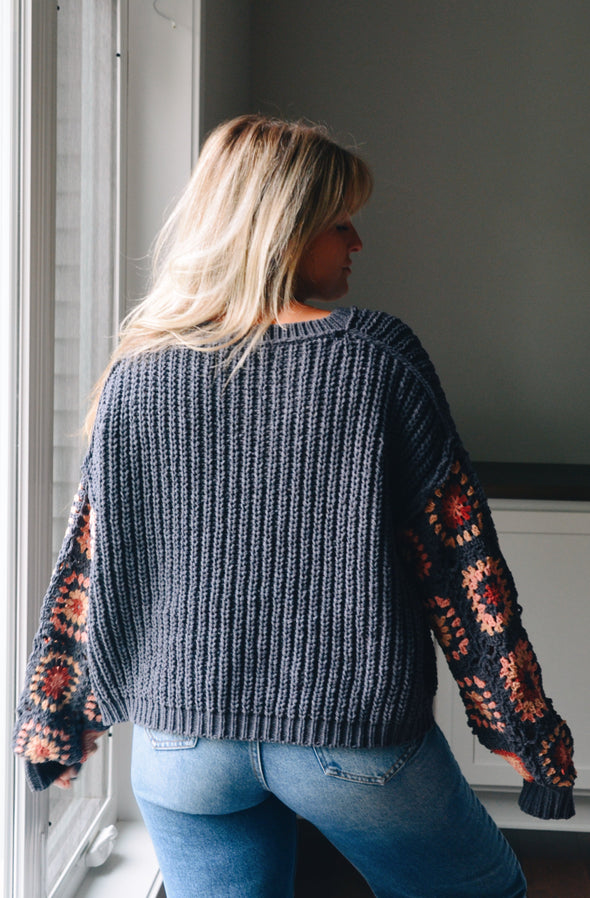 See You Go Charcoal Crocheted Sweater