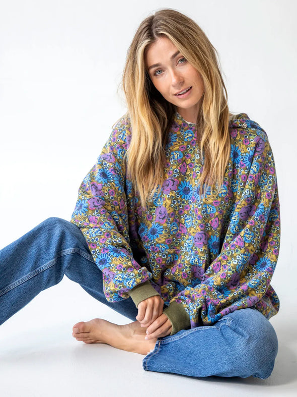 Blue Purple Daisy Oversized Printed Hoodie