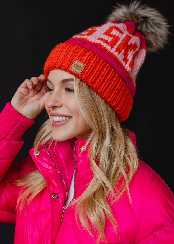 Orange, Lt. Pink & Pink Apres Ski Pom Hat