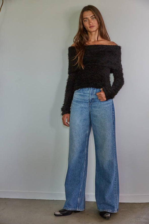 MIND ON YOU Knit Fold over Off The Shoulder Pullover Top