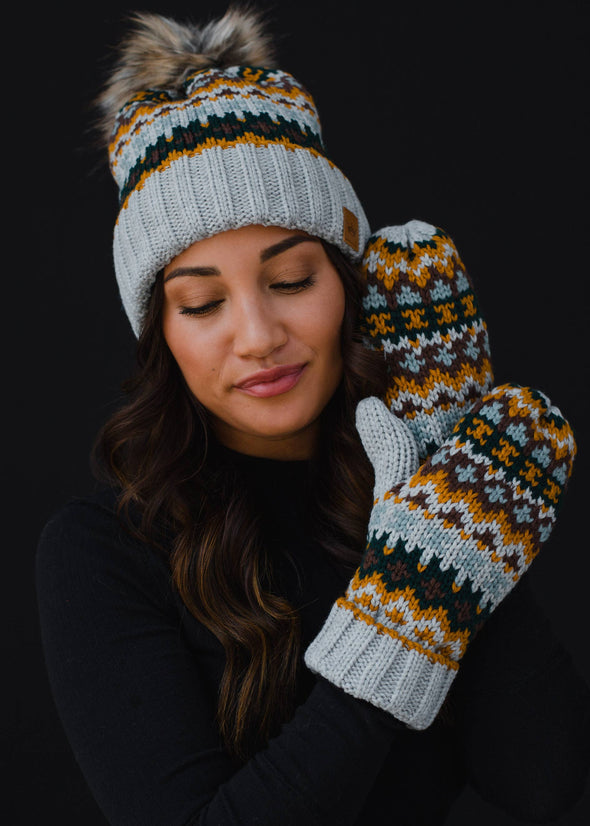 Gray & Multicolored Patterned Pom Hat