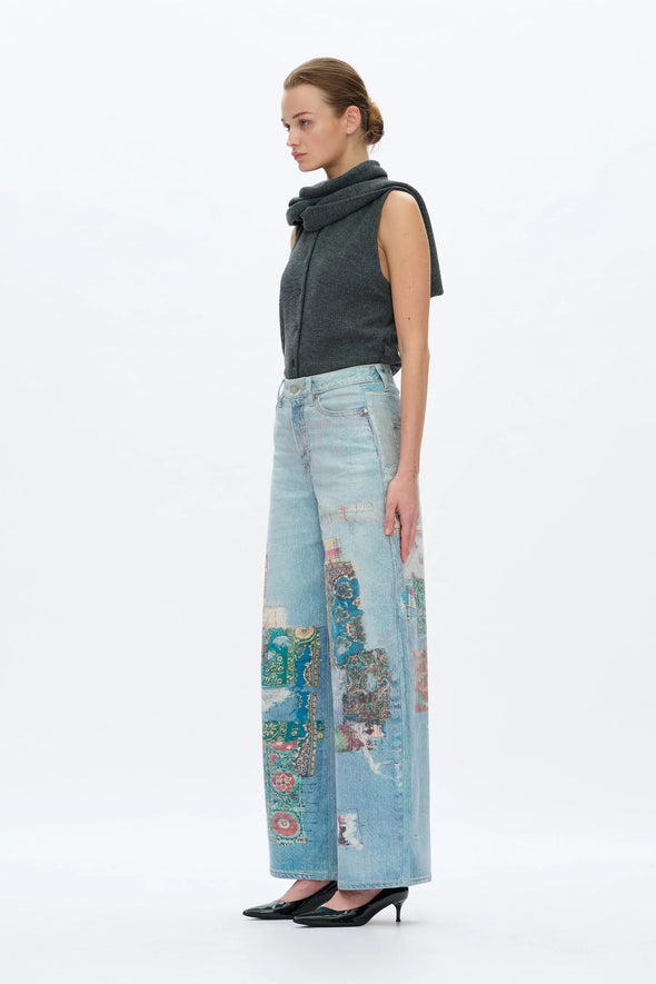 Patch High Rise Barrel Leg Work Jeans