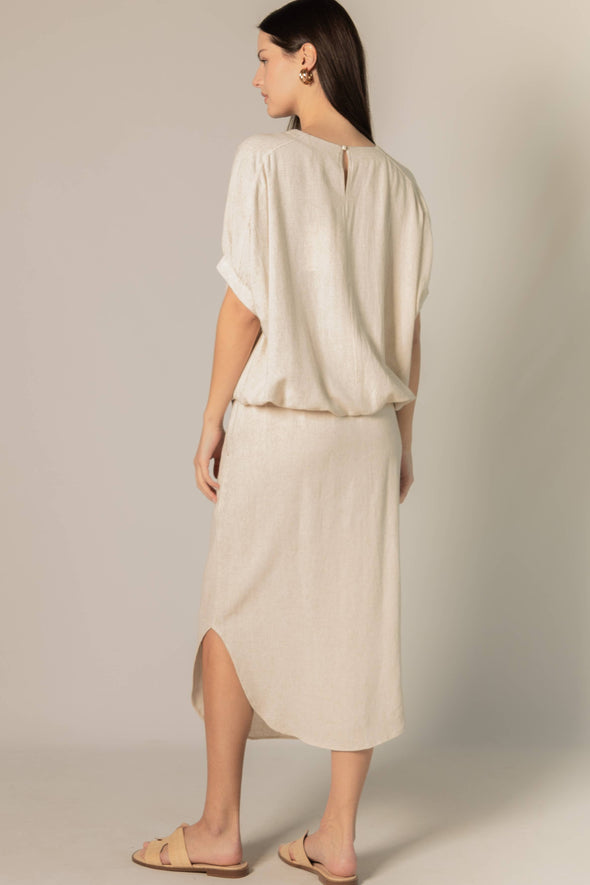 P.CILL Linen 3/4 Sleeve Round Neck Elastic Waistband Top