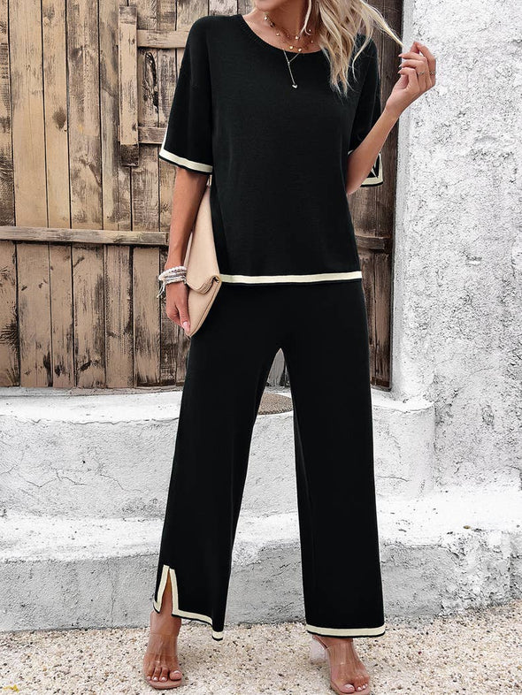 Contrast Trim Ribbed Knit Lounge Set