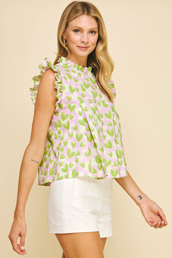 HEART PRINT RUFFLED SLEEVE TOP - 5944T
