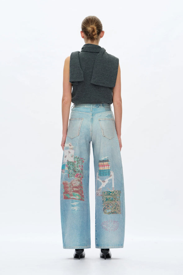 Patch High Rise Barrel Leg Work Jeans