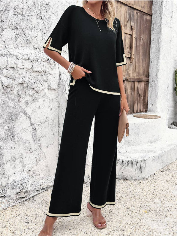 Contrast Trim Ribbed Knit Lounge Set