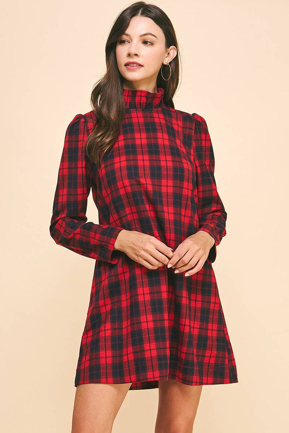 BACK NECK TIED PLAID MINI DRESS RED