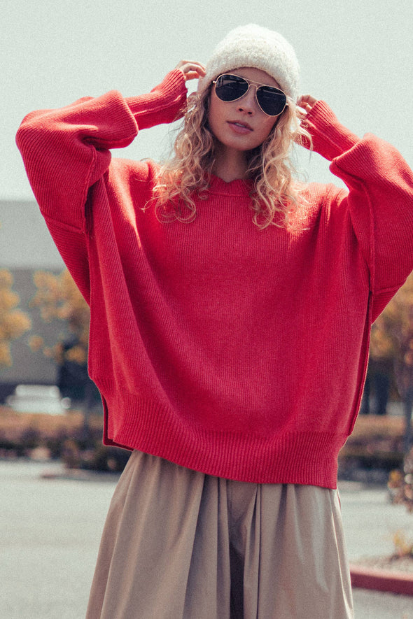 Red Oversized Cotton Knit Sweater