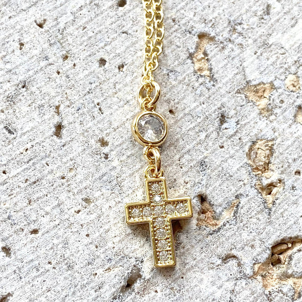 Gold cross crystal necklace