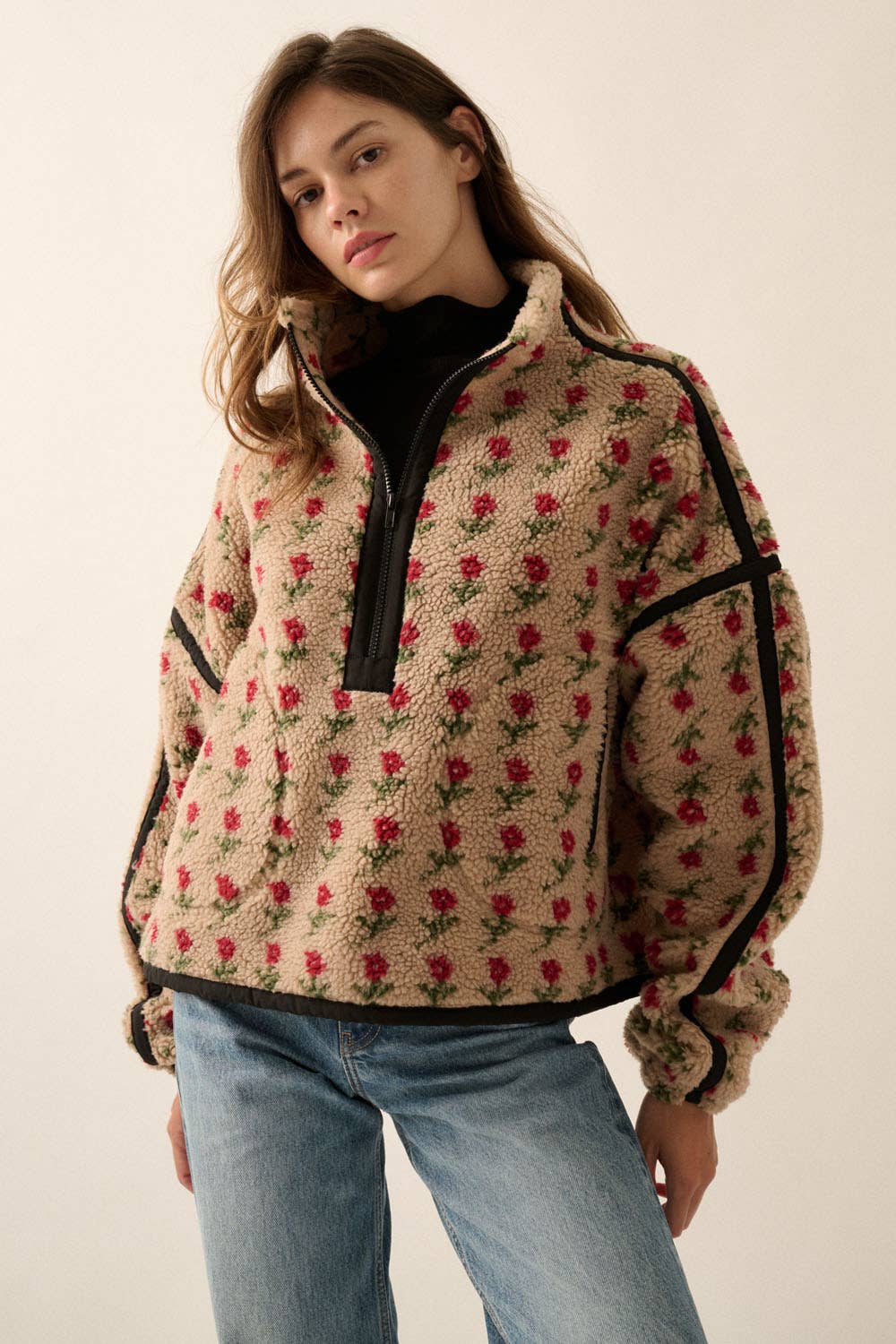 Floral-Print Fleece Half-Zip Pullover Jacket - Main Image