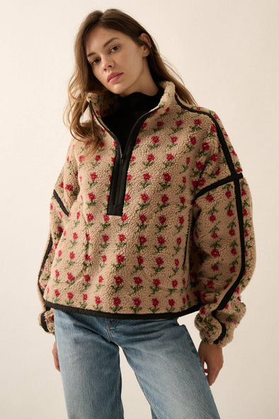 Floral-Print Fleece Half-Zip Pullover Jacket