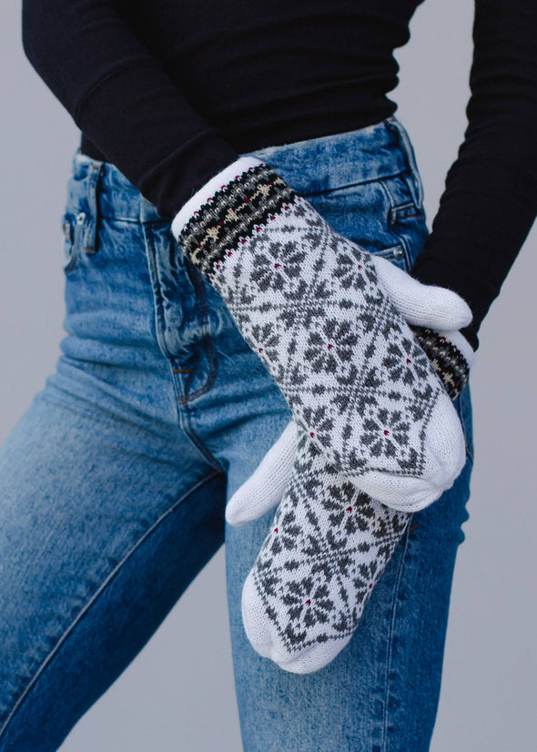 White, Gray & Burgundy Patterned Knit Mittens
