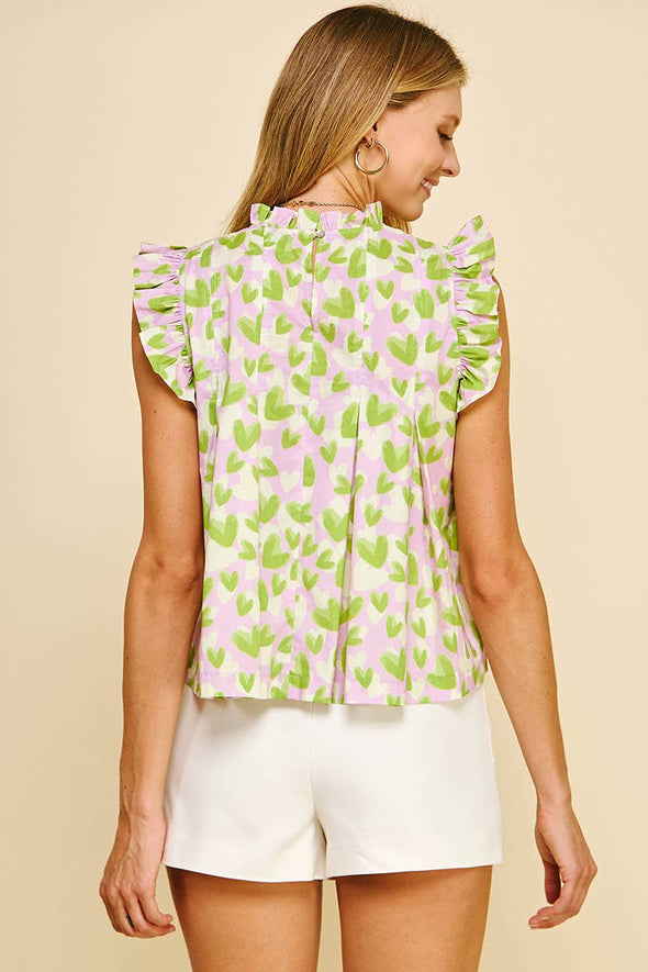 HEART PRINT RUFFLED SLEEVE TOP - 5944T