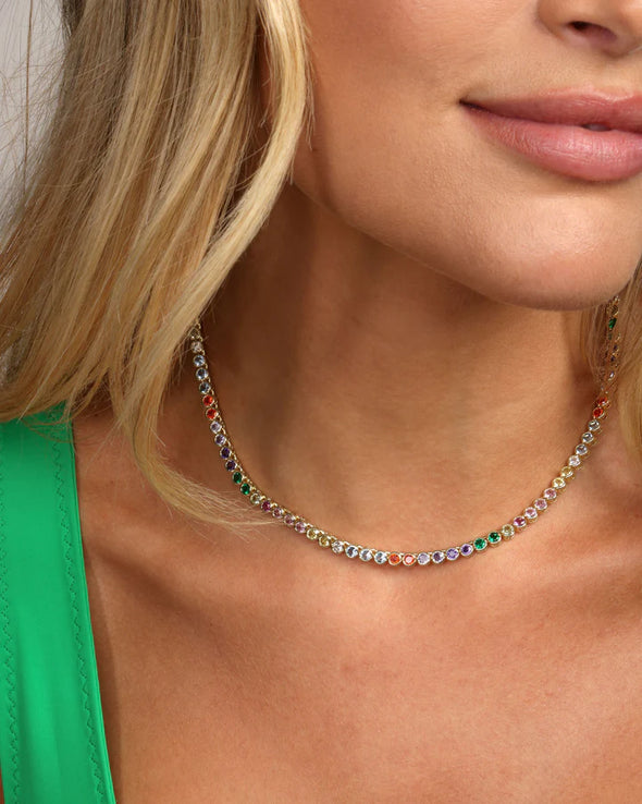 Baroness Tennis Necklace 15' in Gold and Rainbow Diamondettes