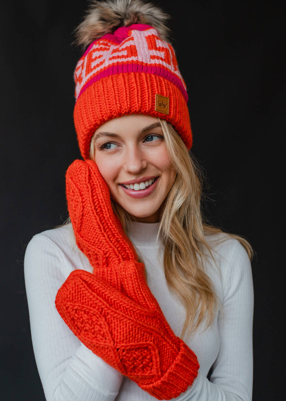 Orange, Lt. Pink & Pink Apres Ski Pom Hat