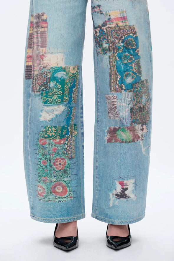 Patch High Rise Barrel Leg Work Jeans