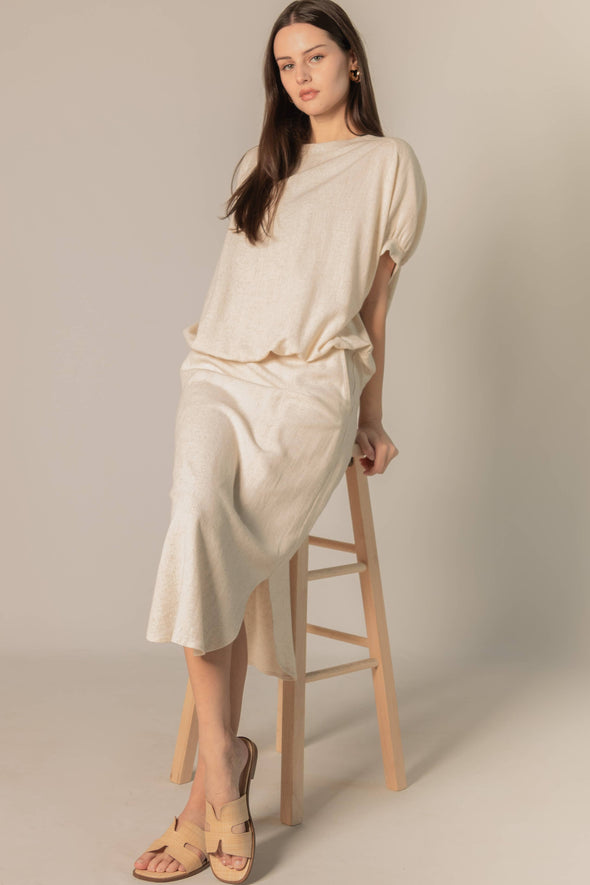 P.CILL Linen 3/4 Sleeve Round Neck Elastic Waistband Top