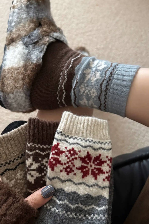 Wool Snowflake Socks In Blue & Brown