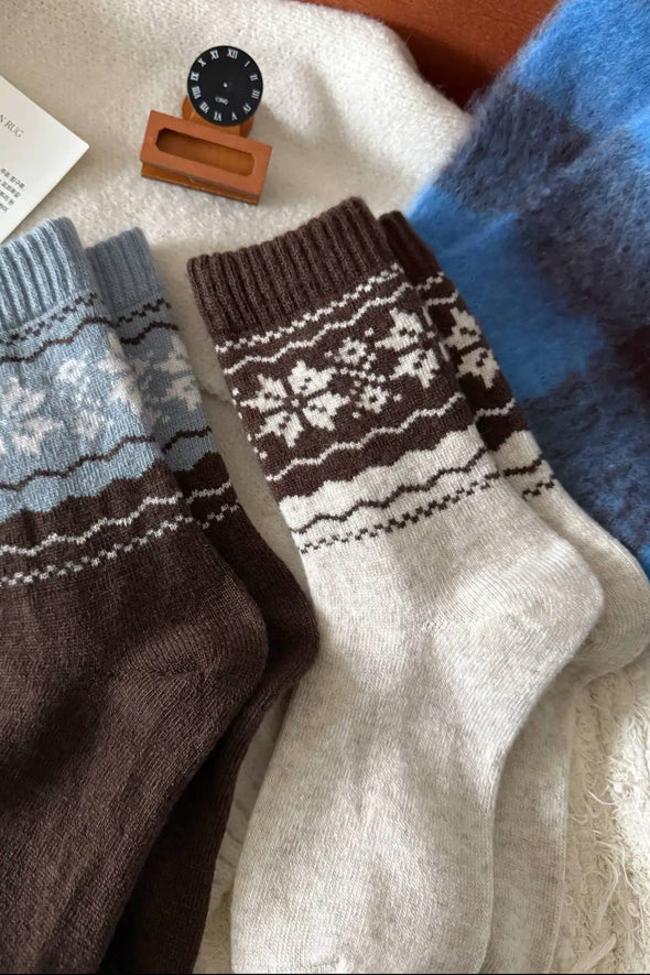Wool Snowflake Socks In Brown & Grey