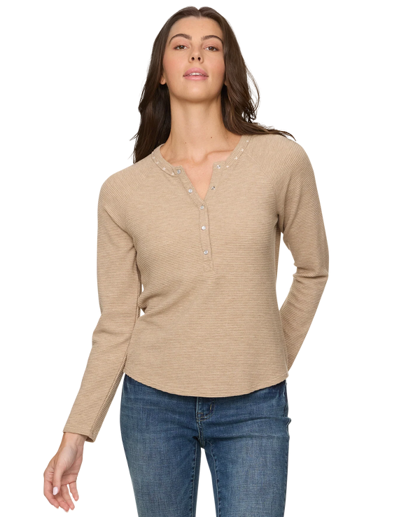 Cambria Embroidered Waffle Henley in Sand