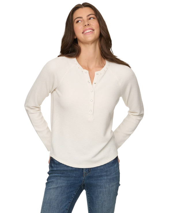 Cambria Embroidered Waffle Henley in Ecru