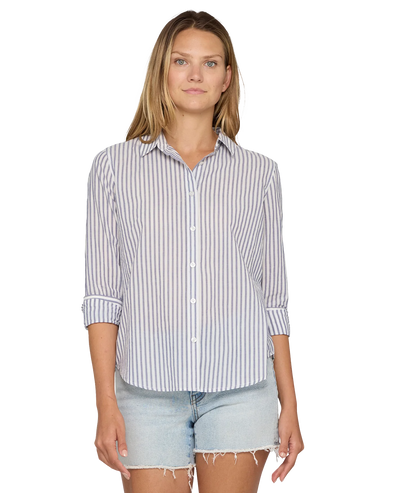 Crane Striped Woven Long Sleeve Shirt Navy & White