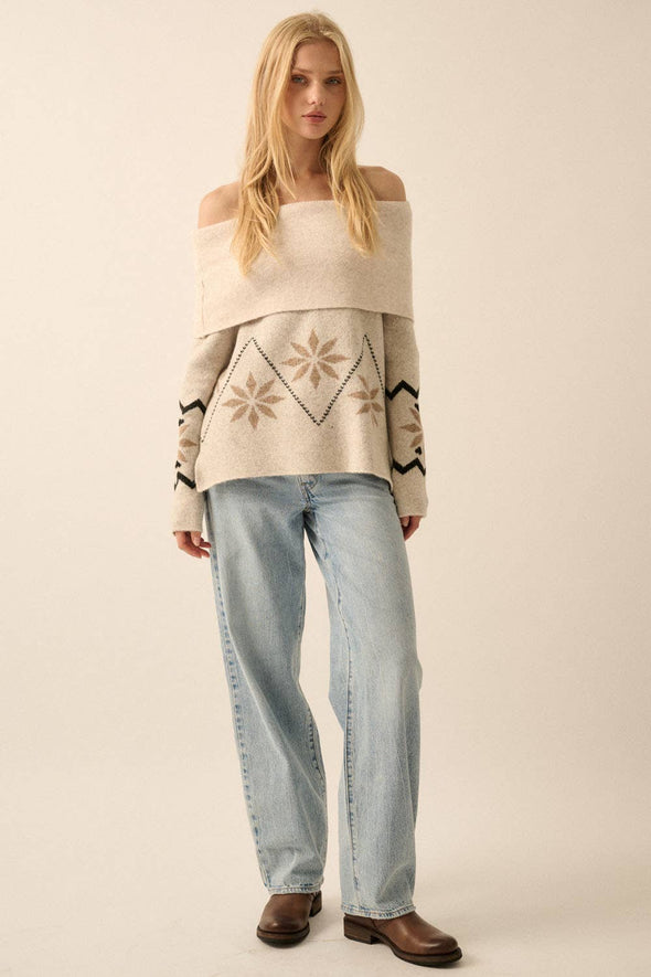 Alpine Knit Off-Shoulder Foldover Sweater