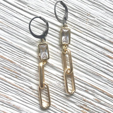 Matte gold paperclip earrings with crystal