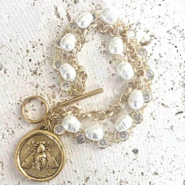 Bee coin jewelry triple layered bracelet boutique