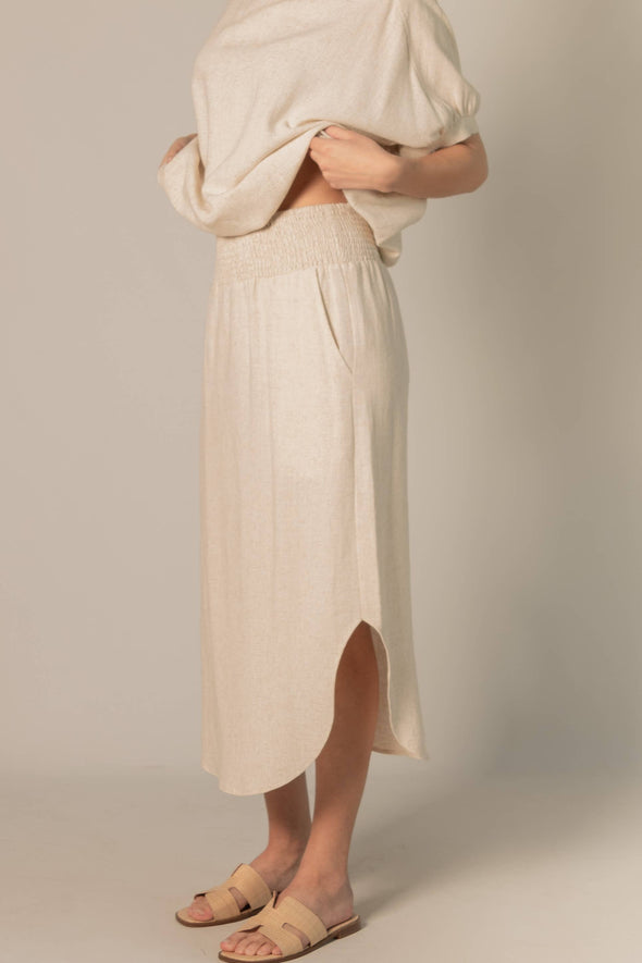 P.CILL Linen 3/4 Sleeve Round Neck Elastic Waistband Top