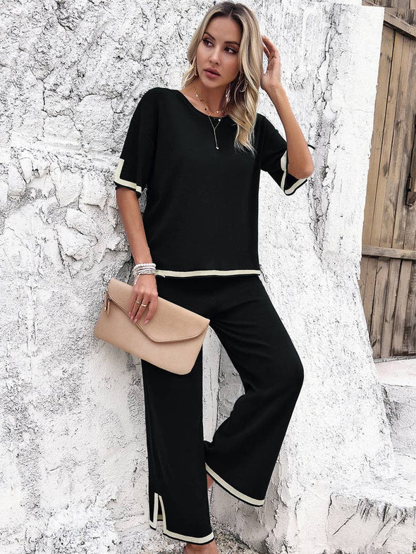 Contrast Trim Ribbed Knit Lounge Set
