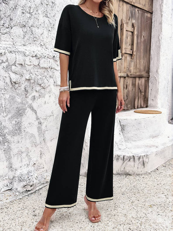 Contrast Trim Ribbed Knit Lounge Set
