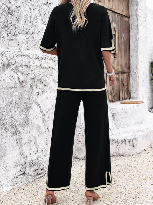 Contrast Trim Ribbed Knit Lounge Set