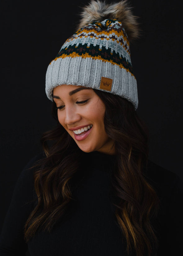 Gray & Multicolored Patterned Pom Hat