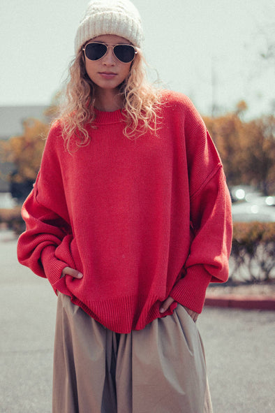 Red Oversized Cotton Knit Sweater