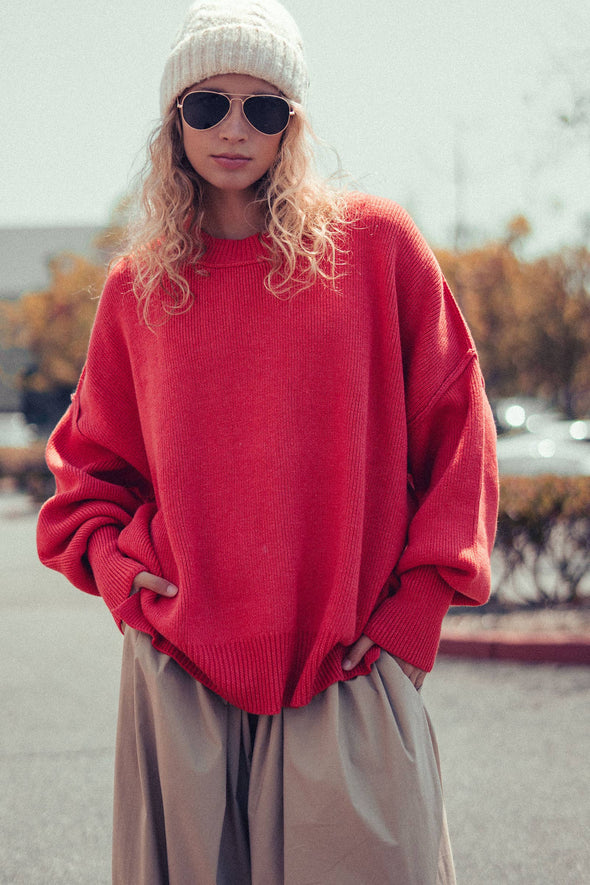 Red Oversized Cotton Knit Sweater
