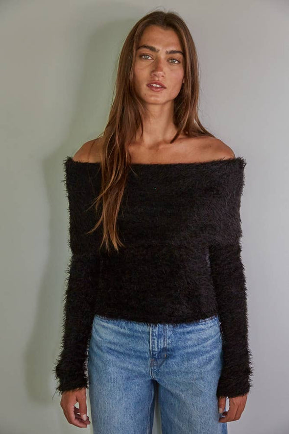 MIND ON YOU Knit Fold over Off The Shoulder Pullover Top