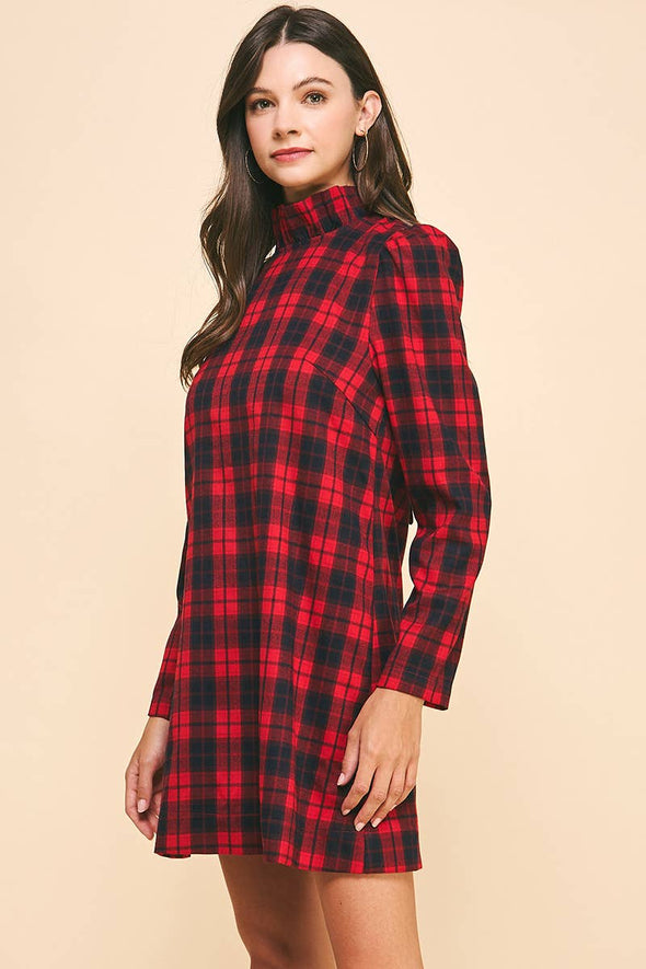 BACK NECK TIED PLAID MINI DRESS RED