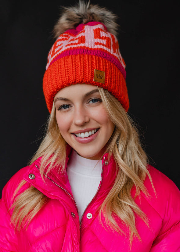 Orange, Lt. Pink & Pink Apres Ski Pom Hat