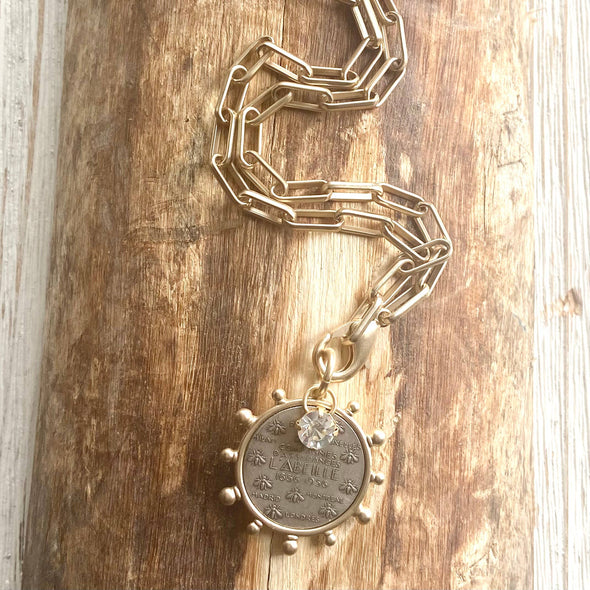 Matte Gold French Bee Coin Medallion Boutique Jewelry