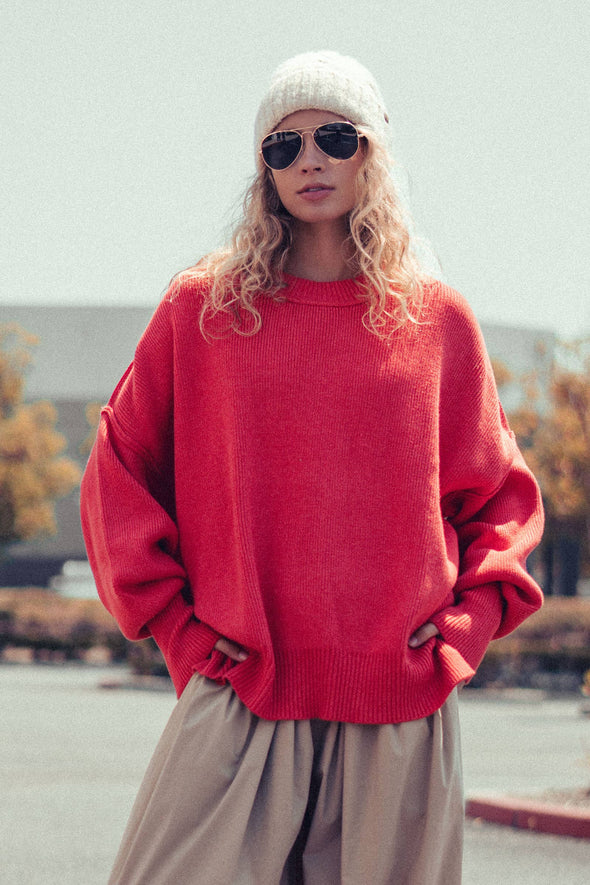 Red Oversized Cotton Knit Sweater