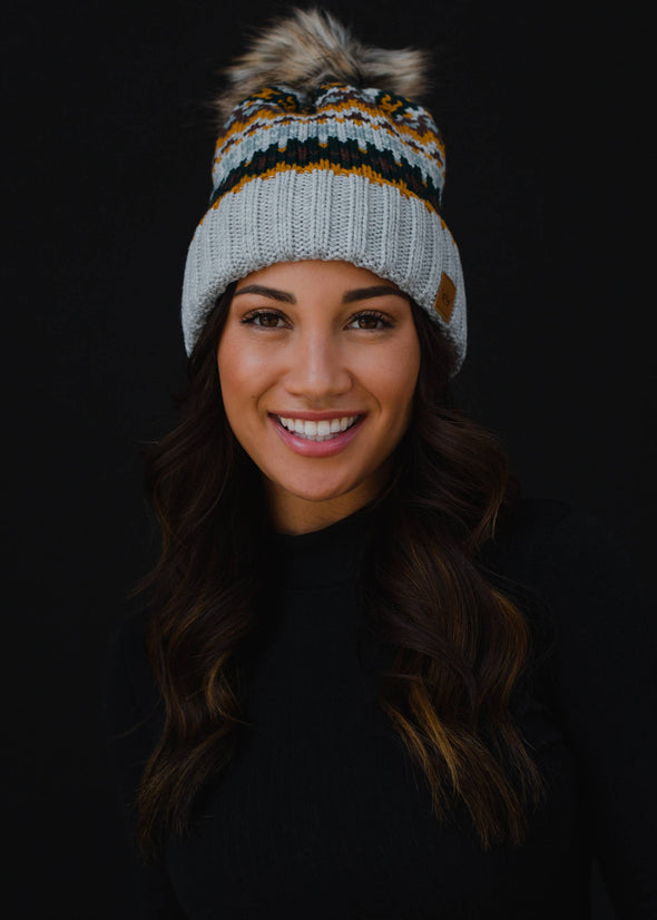 Gray & Multicolored Patterned Pom Hat