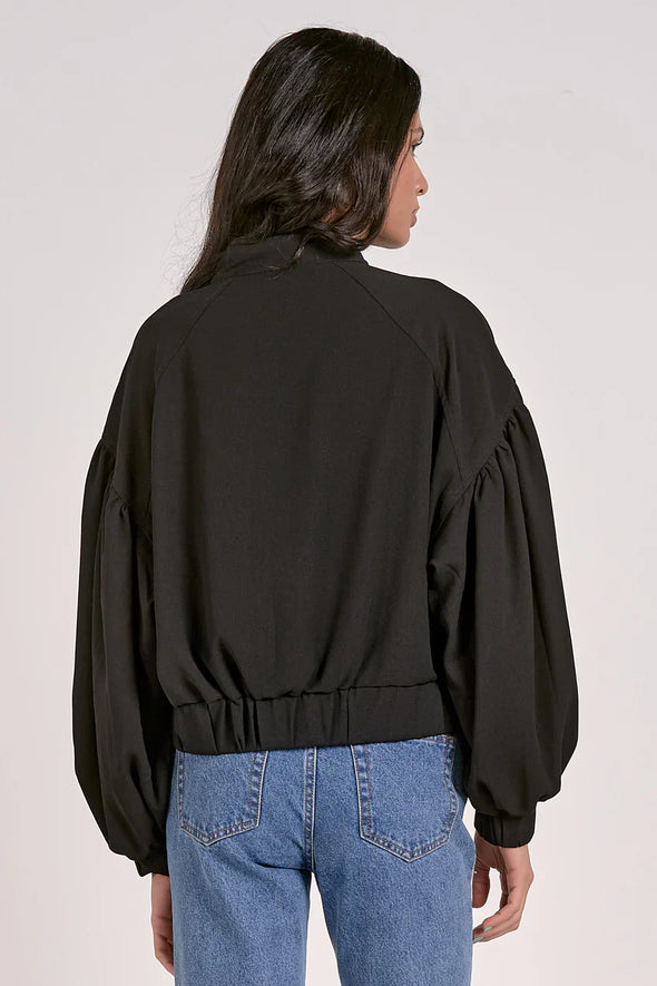 Elan Jacks Jacket Balloon Sleeve Zip Bomber Jacket- Black