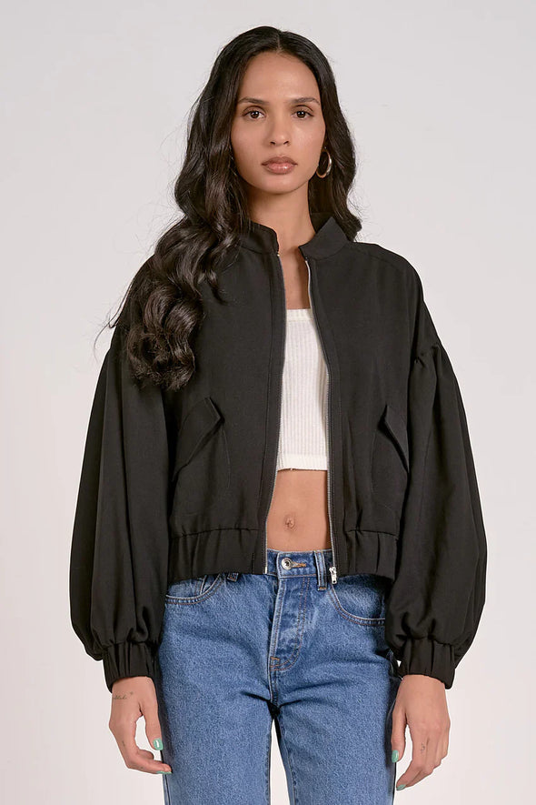 Elan Jacks Jacket Balloon Sleeve Zip Bomber Jacket- Black