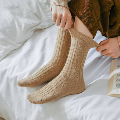 Knitted Cashmere Crew Cozy Socks in Light Khaki